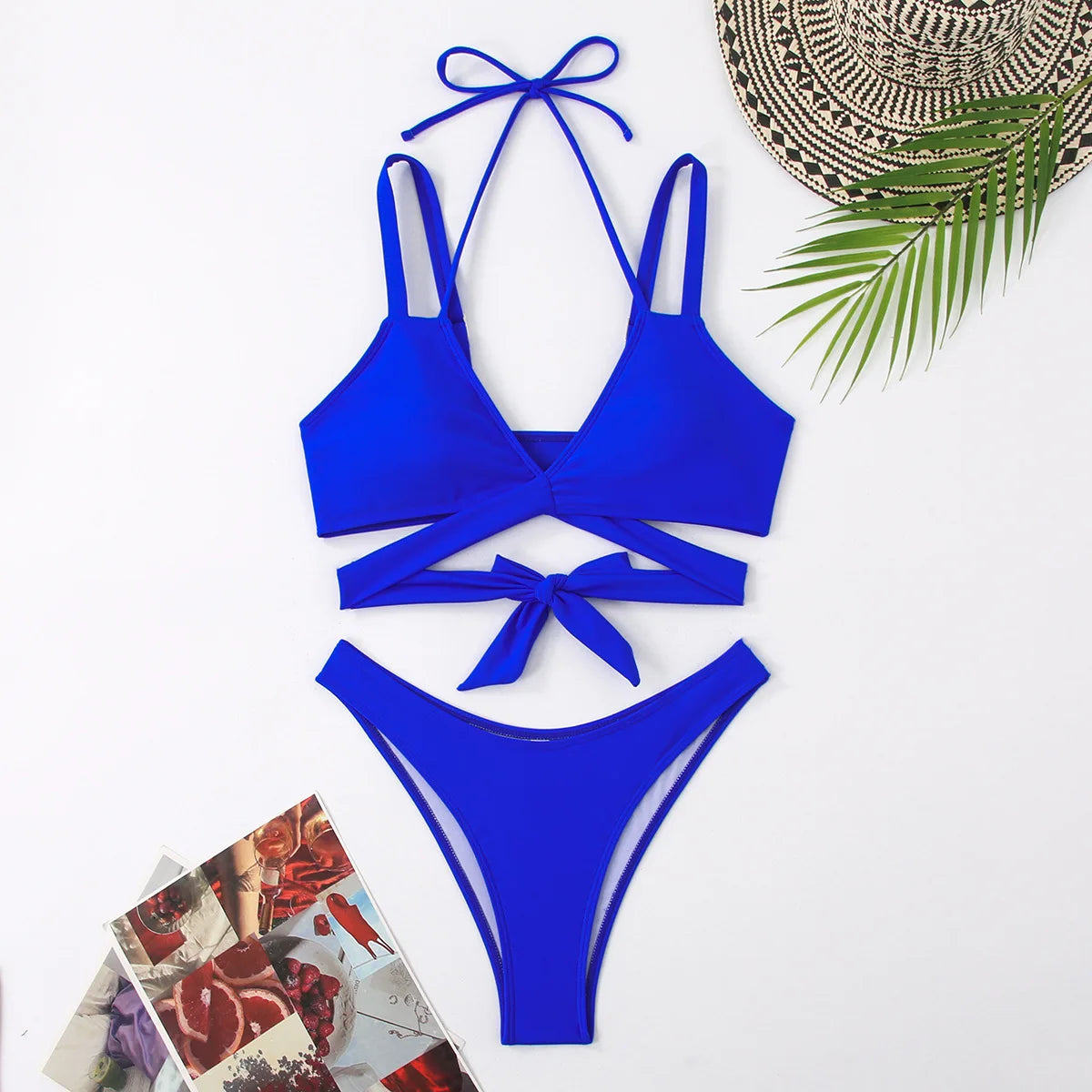 Women Strap Ties Bikini Set Female Solid Sexy Swimsuit 2 Pieces Sexy Swimwear Beach Outfits Damen Bathing Suit Push Up Blue