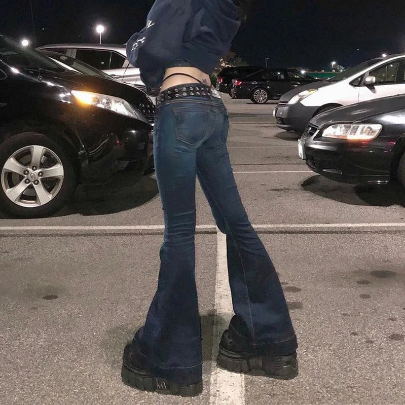 Y2K Flare Jeans Low Waist Trouser Women Vintage Cargo Pants Aesthetic Streetwear Blue Denim Pant Fashion 90s Distressed Jean