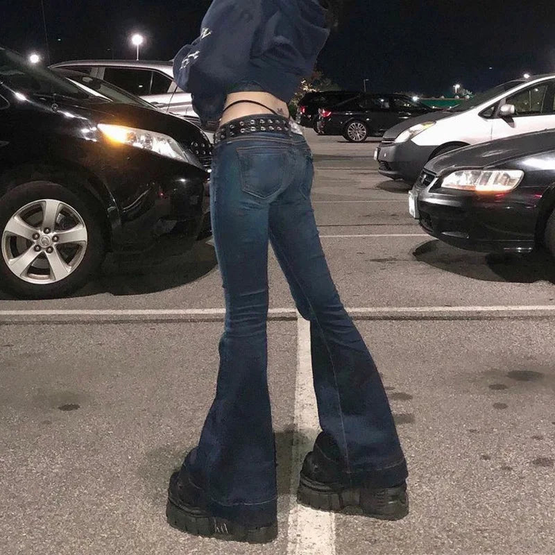 Y2K Flare Jeans Low Waist Trouser Women Vintage Cargo Pants Aesthetic Streetwear Blue Denim Pant Fashion 90s Distressed Jean