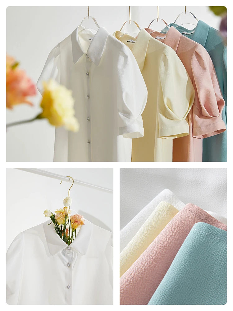 French Court Style Women Shirts Puff-sleeved Short Sleeve Elegant Vintage Casual Female Blouses Tops