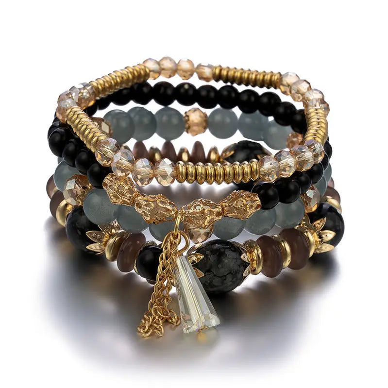 4Pcs Bohemian Women Pink Tassel Bracelet Set For Female I Love You Feather Round Charm Beads Chain Bangle Fashion Party Jewelry BR133-3