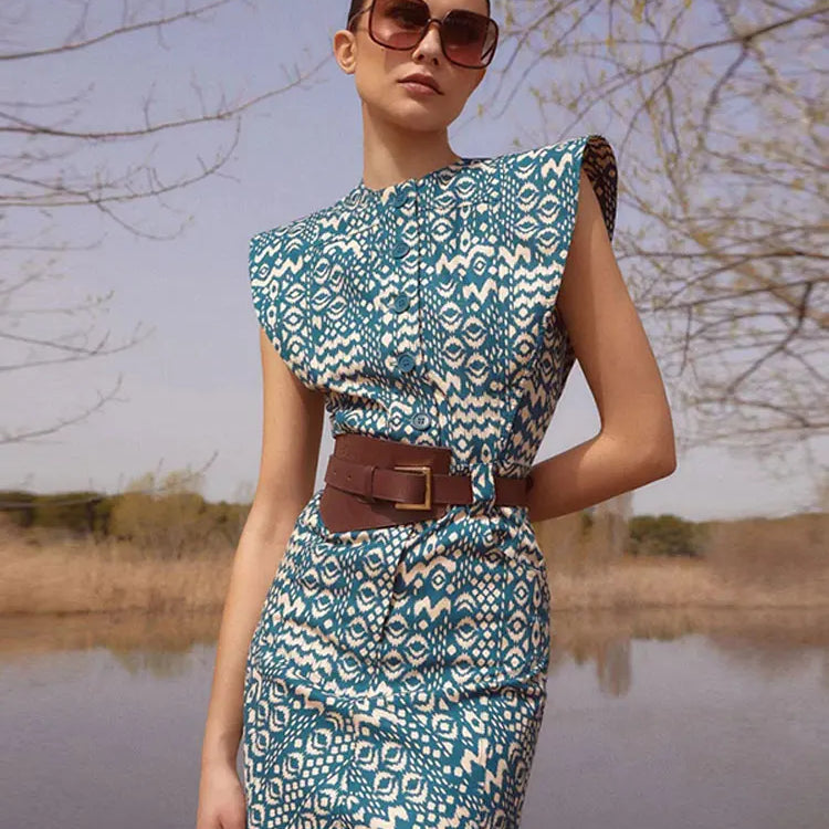 Vintage Flying Sleeve Print Dress For Women Elegant O Neck Single Breasted Pocket Robes Female Office High Street Travel Outfits