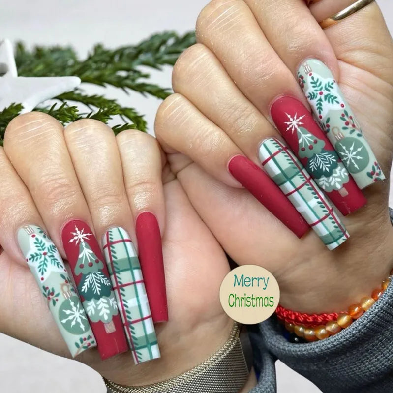 3D fake nails for Christmas party long french coffin tips snowflake christmas tree faux ongles press on acrylic false nail set