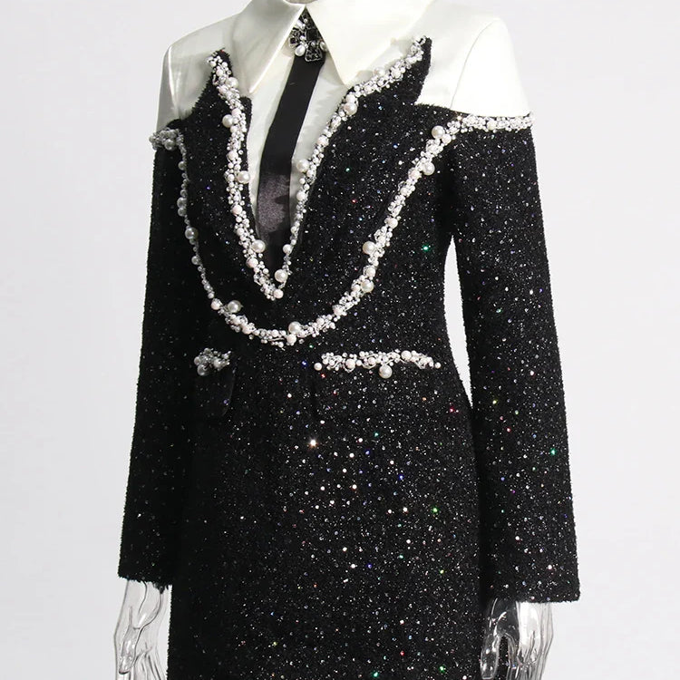 TWOTWINSTYLE Colorblock Patchwork Sequins Dress For Women Lapel Long Sleeve High Waist Spliced Pearls Elegant Dresses Female New
