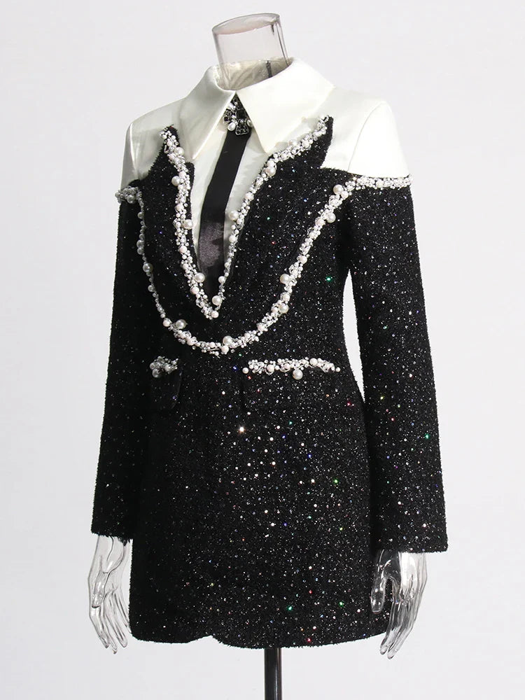 TWOTWINSTYLE Colorblock Patchwork Sequins Dress For Women Lapel Long Sleeve High Waist Spliced Pearls Elegant Dresses Female New