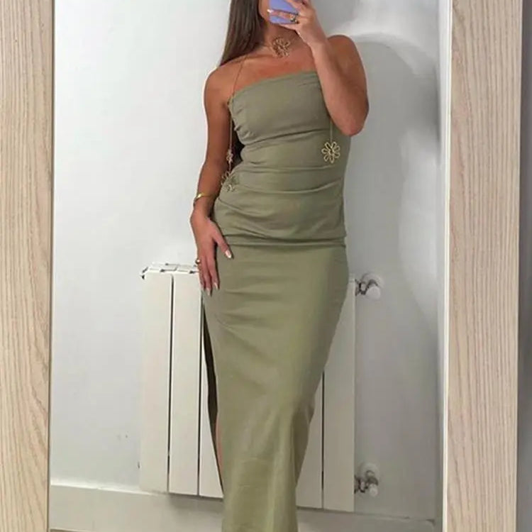 Fashion Dress Summer Women Midi Chic Ruched Elegant Tube Top Tight Holiday Dress Street Comfortable Solid Women Dresses