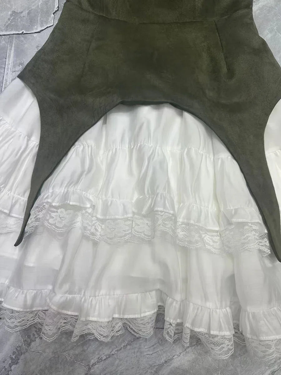 TWOTWINSTYLE Colorblock Slimming Temperament Dresses for Women Square Neck Sleeveless Patchwork Ruffles Fold Dress Female New