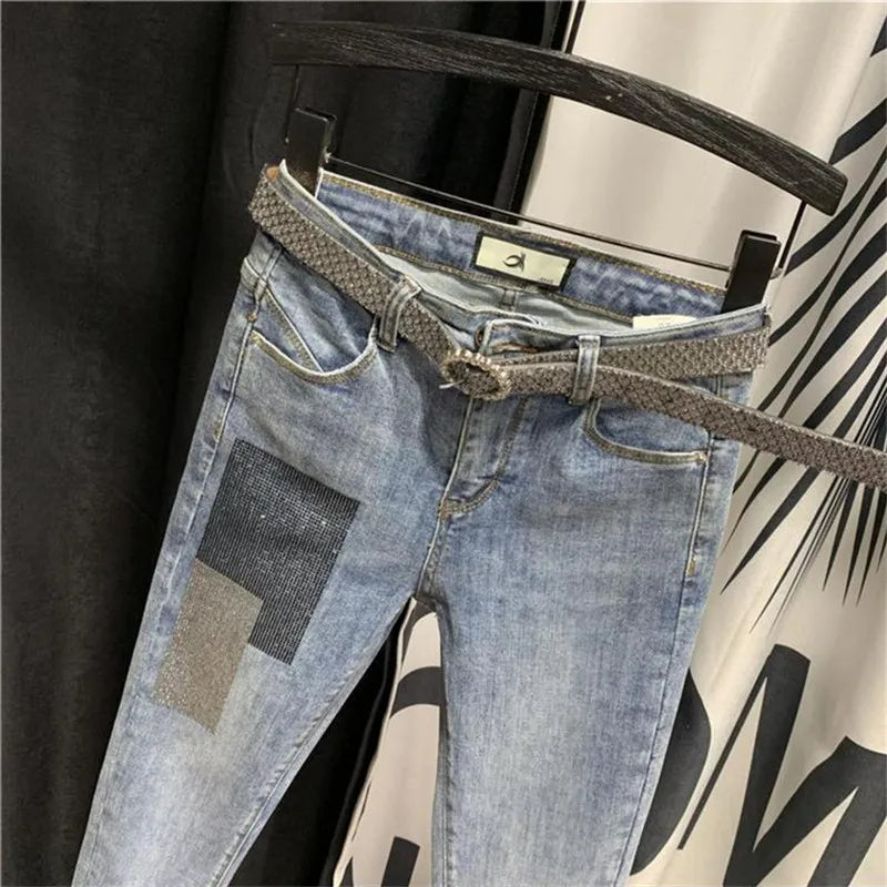 Streetwear Women Clothing High Waist Beading Jeans New Thin Slim Sequined Female Pencil Denim Pants Spring Summer Pantalon Femme