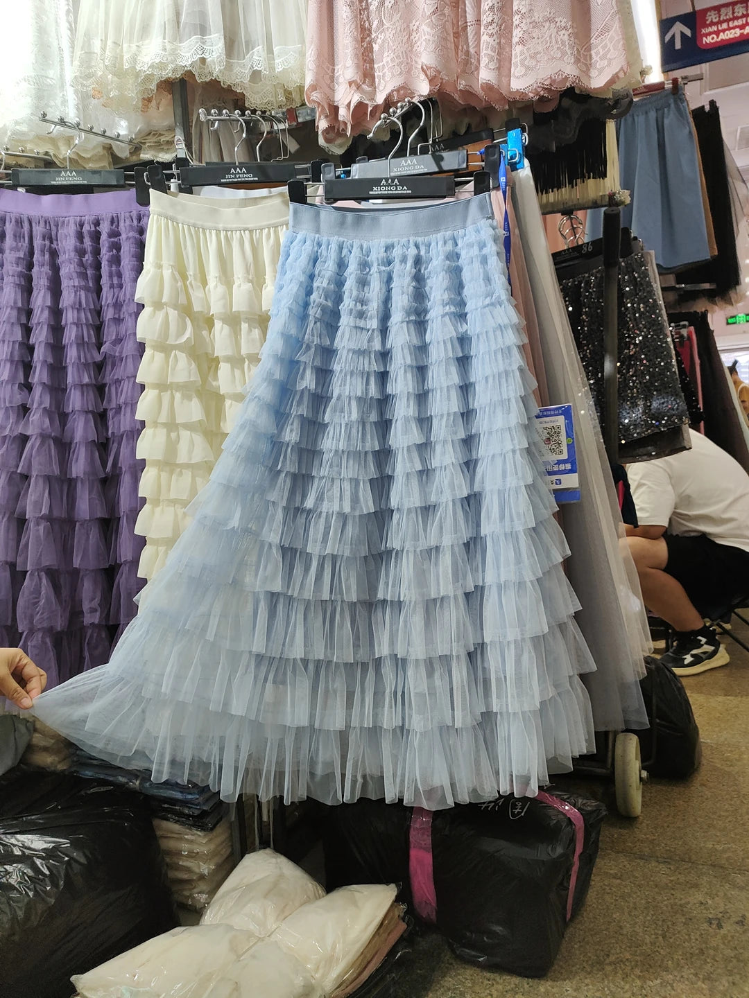 Spring Summer Women High Waist Slim Long Skirt Lolita Style Sweet Multilayered Mesh Patchwork Cake Skirt light blue One Size