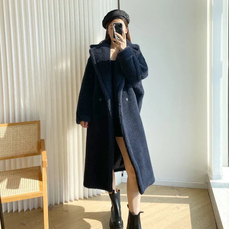 Teddy teddy bear coat women's autumn and winter fur grain camel wool coat alpaca wool med-long woolcoat midnight blue