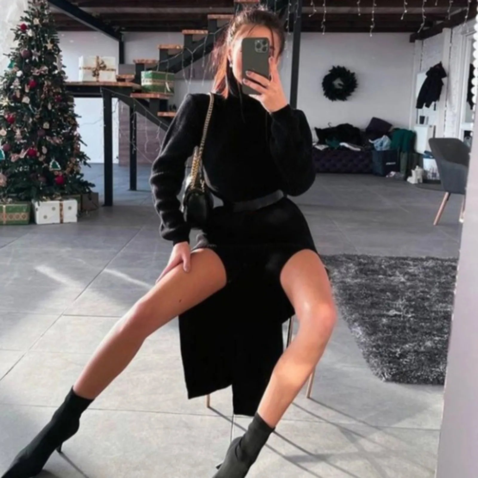 Elegant Knitted Sweater Dress Women Long Sleeve Turtleneck Knitted Slit Woolen Sweater High Split Bodycon Dress Party Vestidos