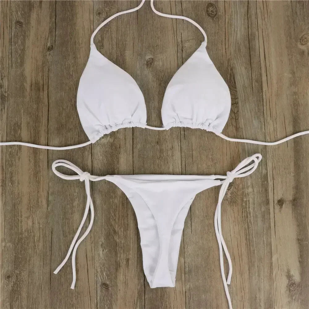 2 Pcs/Set Bikini Set Sexy Bikinis Solid Color Halter Neck Strap Thong Swimwear Bathing Suit Women Swimsuit Set for Beach White