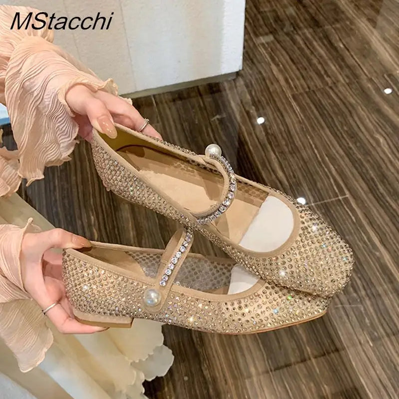 Sapatos baixos de malha com cristais e pérolas, bico quadrado, sapatos femininos luxuosos para escritório, tamanho grande, sapatos Mary Jane, primavera 2025, sapatos individuais