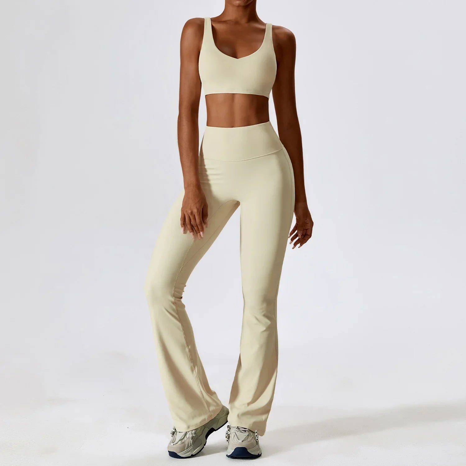 NCLAGEN Women's 2pcs Gym Yoga Suit Tight Fitting Sports Set Workout Breathable T Shirts Bra Tank Top Loose Bell-bottoms Leggings Bra suit Apricot