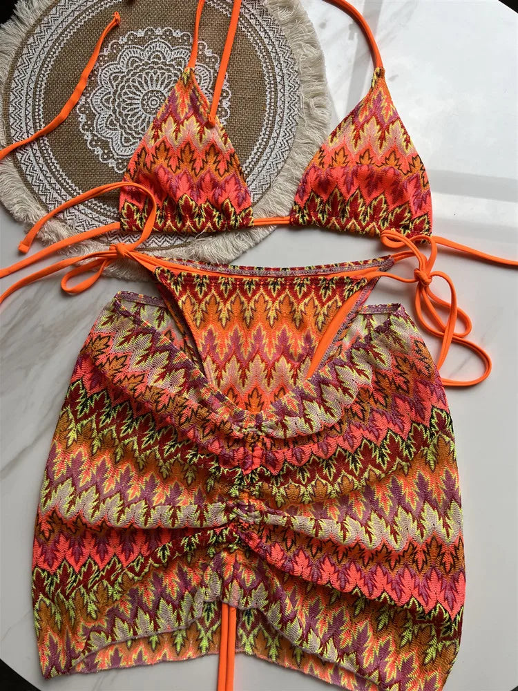 Women Swimsuit Colored Maple Leaves Knitted Bikini Skirt Three-Piece Set Split Swimsuit Bikini 3