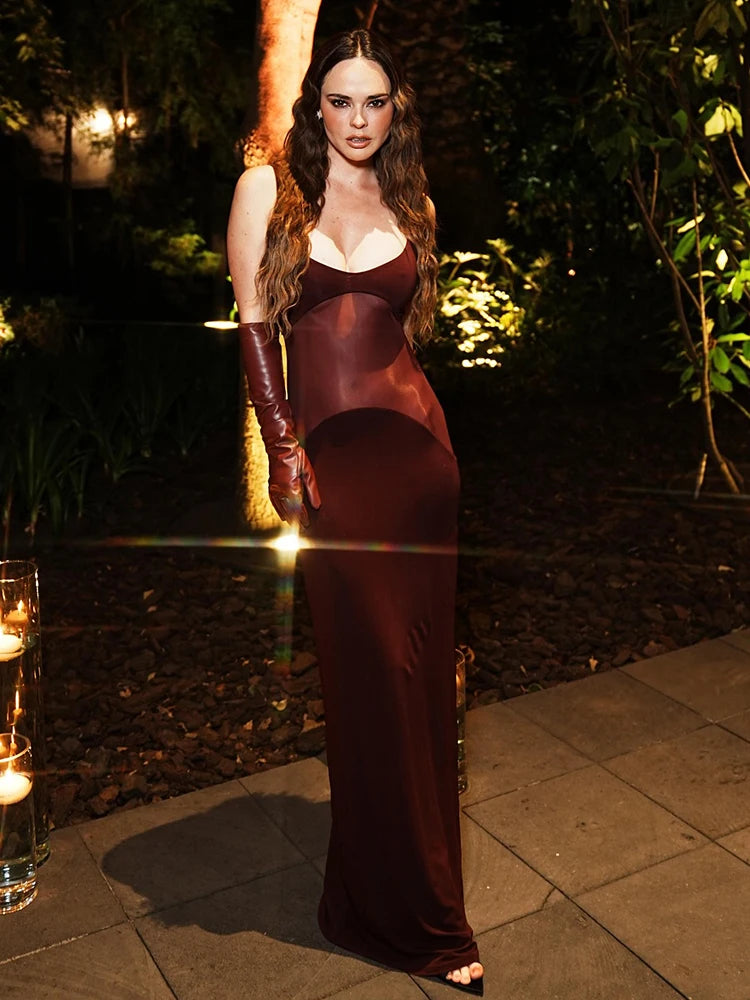 VC Burgendy See Through Mesh Patchwork Long Dress 2025 Summer Backless Skinny Tight Maxi Bodycon Cocktail Party Wear Vestidos