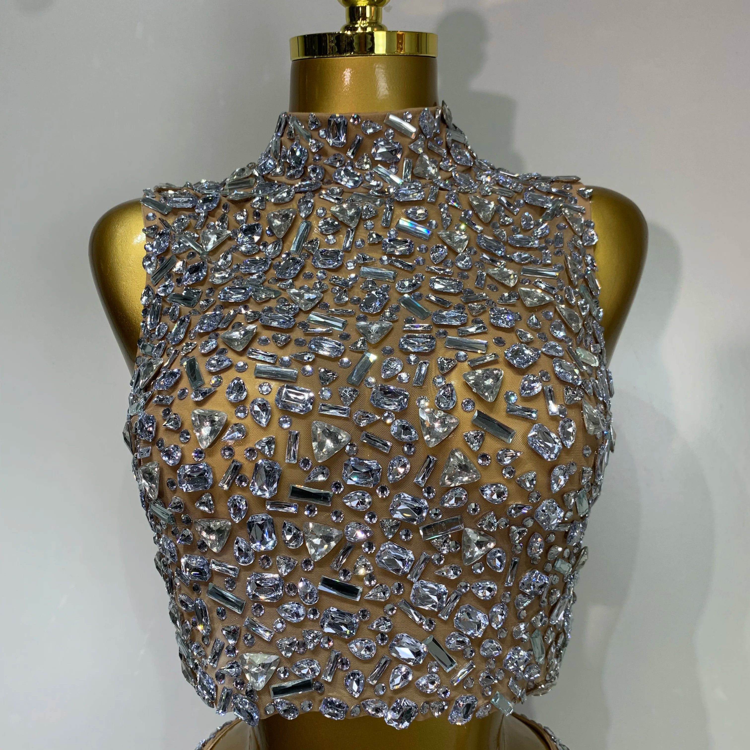 High Quality Sparkling Rhinestone Sexy See Through Blackless Top Skirt Two Pieces Set Woman Luxury Birthday Evening Party Gowns