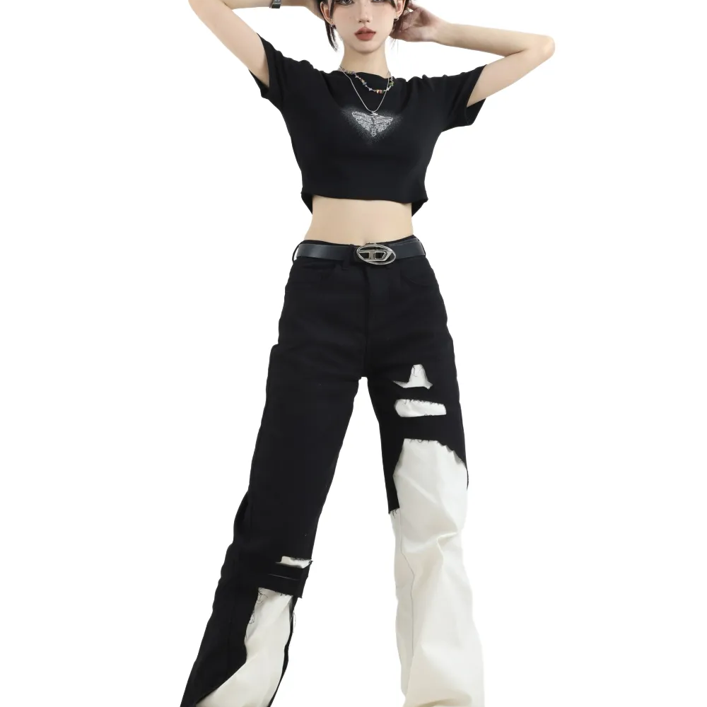 Contrast Color Ripped Jeans Pant for Women Autumn New Loose Straight Wide Leg Demin Pants Jeans Y2k Women Pants High Waist Black
