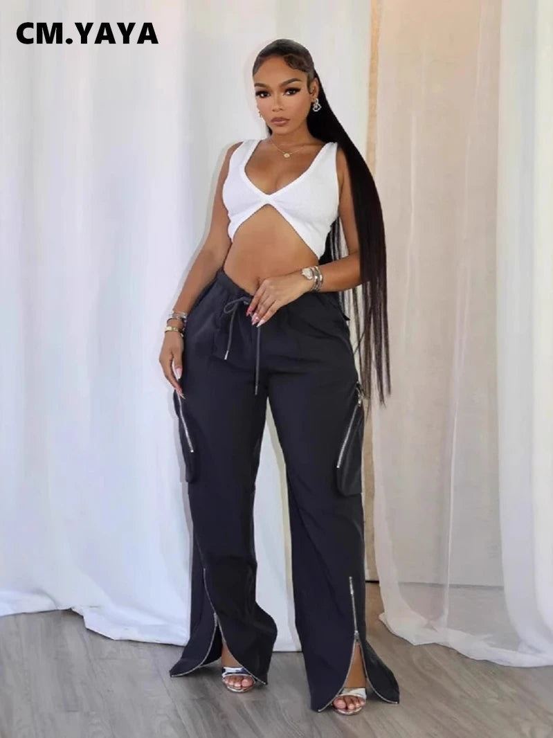 CM.YAYA Women Fashion Zipper Pocket Side Zip Fly Split Hem Wide Leg Safari Style Pants 2025 Drawstring Summer Cargo Trousers