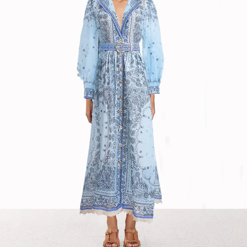 Summer Vintage For Women Printing Dresses Long Sleeve Lapel Single Breasted Chiffon Dress High Waist New Luxury Female Clothing Blue