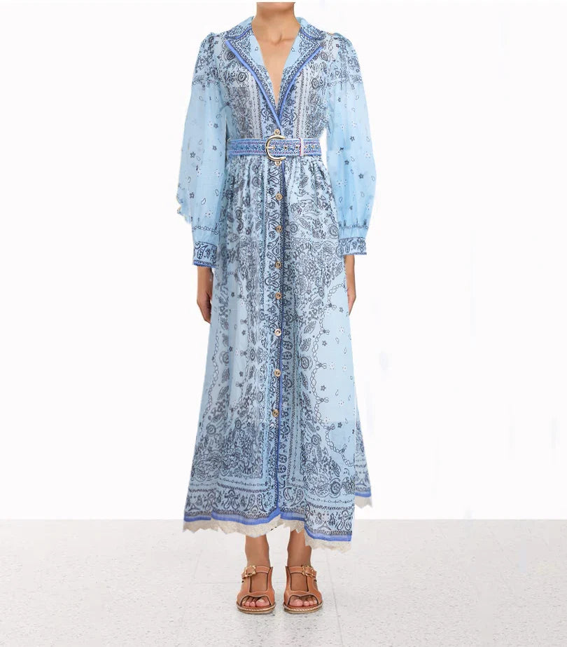 Summer Vintage For Women Printing Dresses Long Sleeve Lapel Single Breasted Chiffon Dress High Waist New Luxury Female Clothing Blue