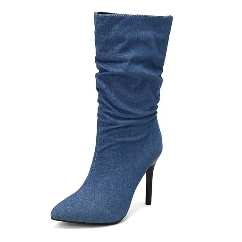 SIMLOVEYO Brand Women Mid Calf Boots Pointed Toe Stiletto 10CM Slip On Sexy Dating Female Booty 44 45 46 47 48