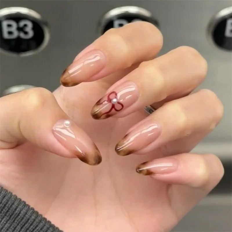 24Pcs Fashion Wine Red Press on Nails French Fake Nail Tips Short Almond Bow Design False Nails Set Wearable Full Cover Manicure