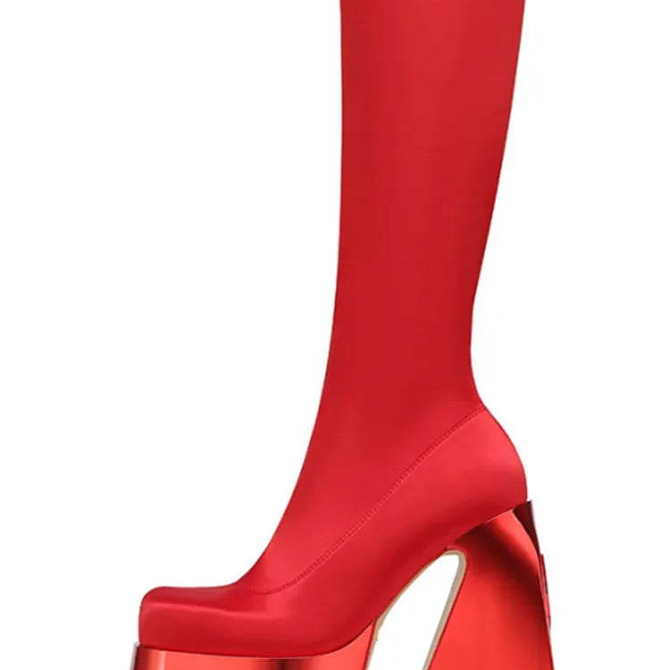 Thick Soled High Tube Thick High Heel Thin Leg Elastic Boots Square Head Punk Style Knee High Women's Boots Fashion Boots red