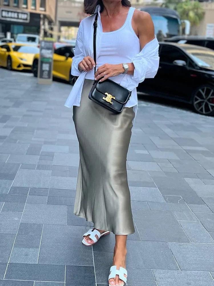 HH TRAF Women's Midi Skirt High Waisted Solid Sexy Satin Dress Tight Chic Elegant Women Mermaid Long Skirt Casual Bodycon Skirt