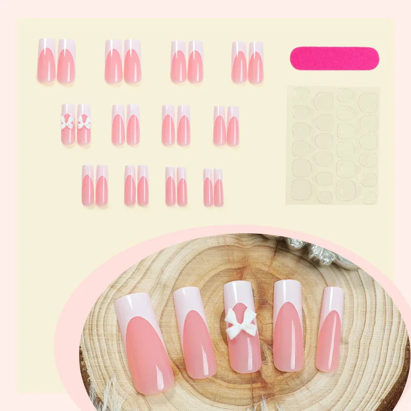 Simple White French Fake Nails 24Pcs Nude Color Press On Nails with 3D Bowknot Designers Women Girls Daily Charm Manicure