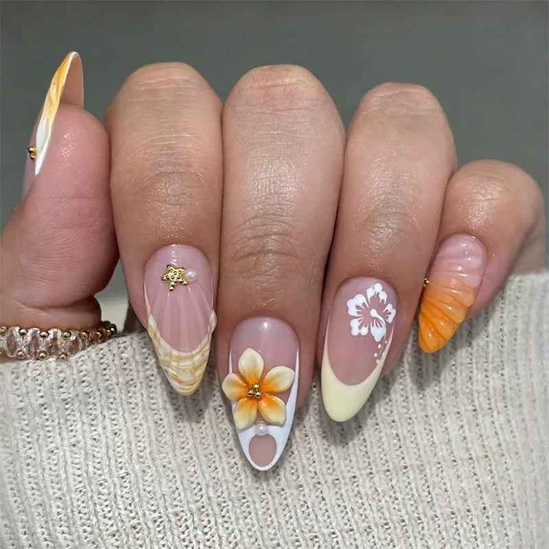 24Pcs 3D Pink Flower Wearable Nail Set Short Almond False Nails French Pearlescent Peach Pink Pearl Diamond Nail with Jelly Glue