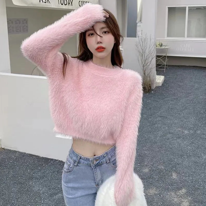 Women Sweater Top Faux Mink Hairy Pullover O Neck Long Sleeve Loose Short Sweater Lady Casual Soft Warm Jumper Knitted Tops P one size