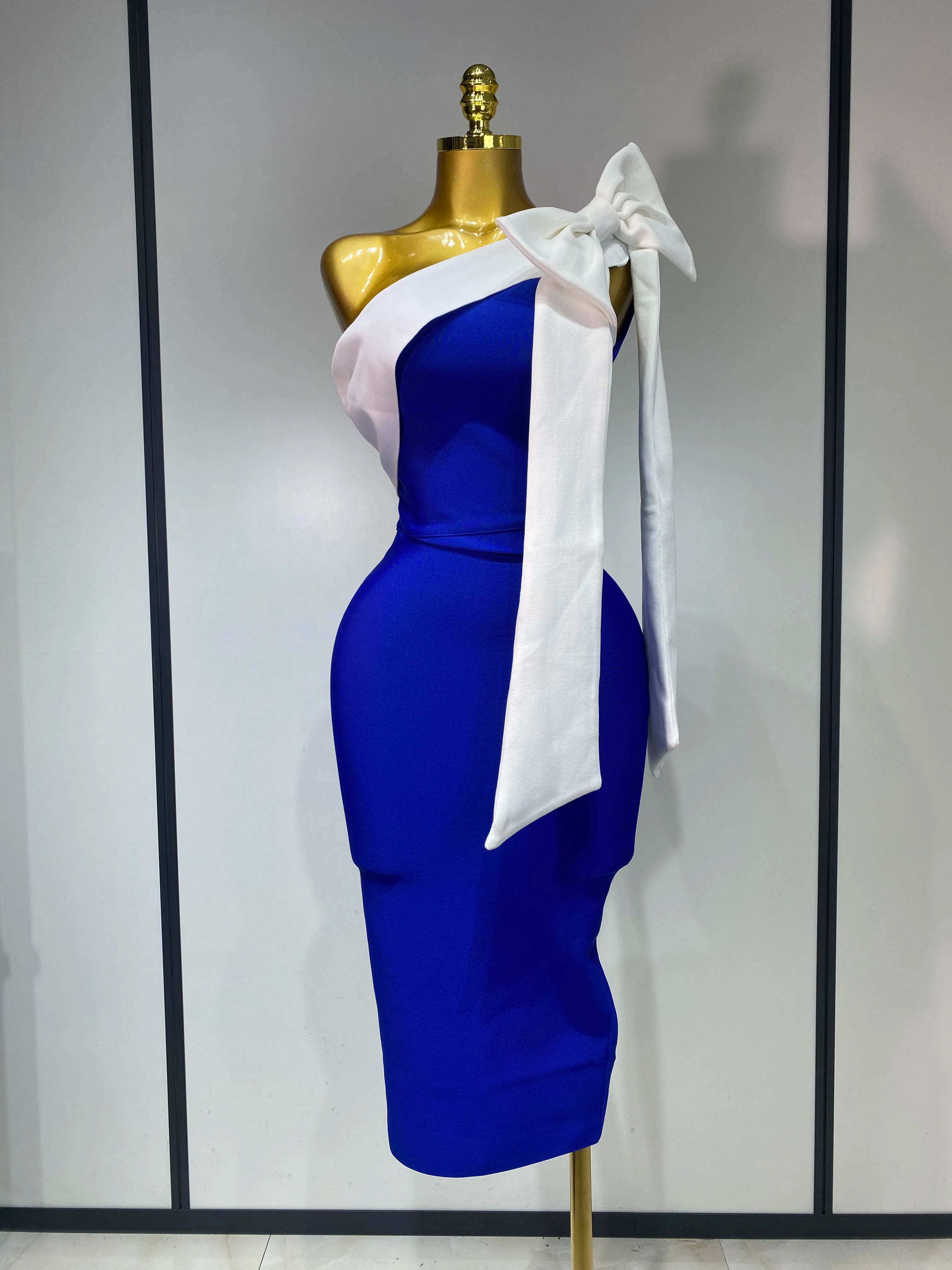 Women Sexy One Shoulder Splicing Bow Bodycon Bandaged Dress Celebrity Elegant Evening Party Luxury Birthday Banquet Dress