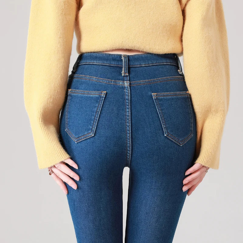 Winter Women Thermal Denim Skinny Stretch Jeans Oversized High Waist Plush Warm Lamb Fleece Mom Pants Plus Size Pencil Trousers
