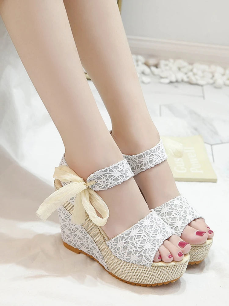 Women sandals Lace Leisure Women Wedges Heeled Women sandals Summer Sandals Party Platform High Heels Shoes Woman Silver