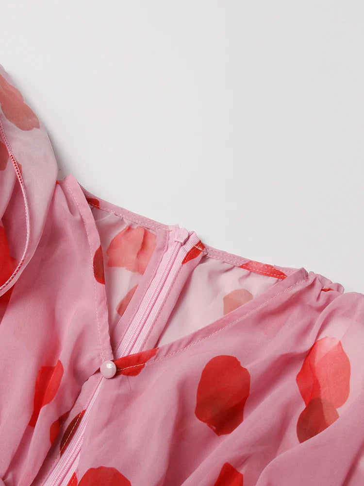 TWOTWINSTYLE Cut Out Ruched Patchwork Floral Dress For Women V Neck Long Sleeve High Waist Print Mini Dresses Female Clothes New