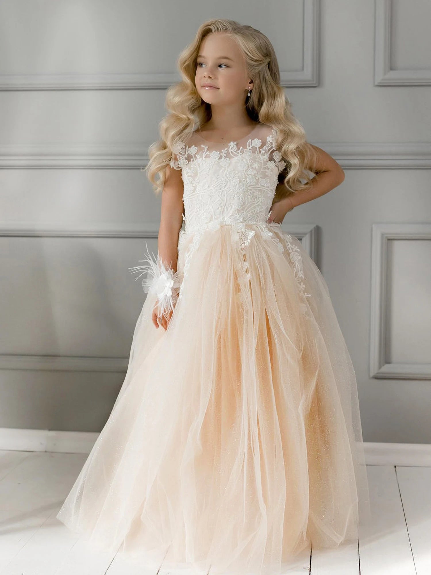 2-14 Years Lace Tulle Flower Girls Dress Princess for Kid Child Wedding Party Junior bridesmaid Maxi Ball Gown Evening AS Pic MC2301
