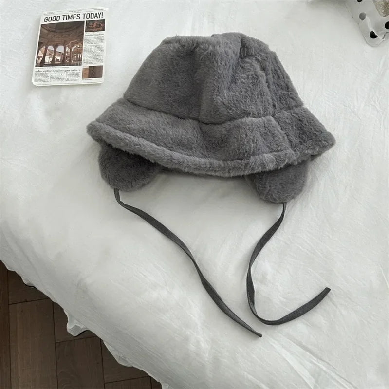 Korean New Ear Protection Bucket Hats for Women Autumn and Winter Travel Versatile Warm Retro Solid Color Plush Men's Caps gray 56-58cm