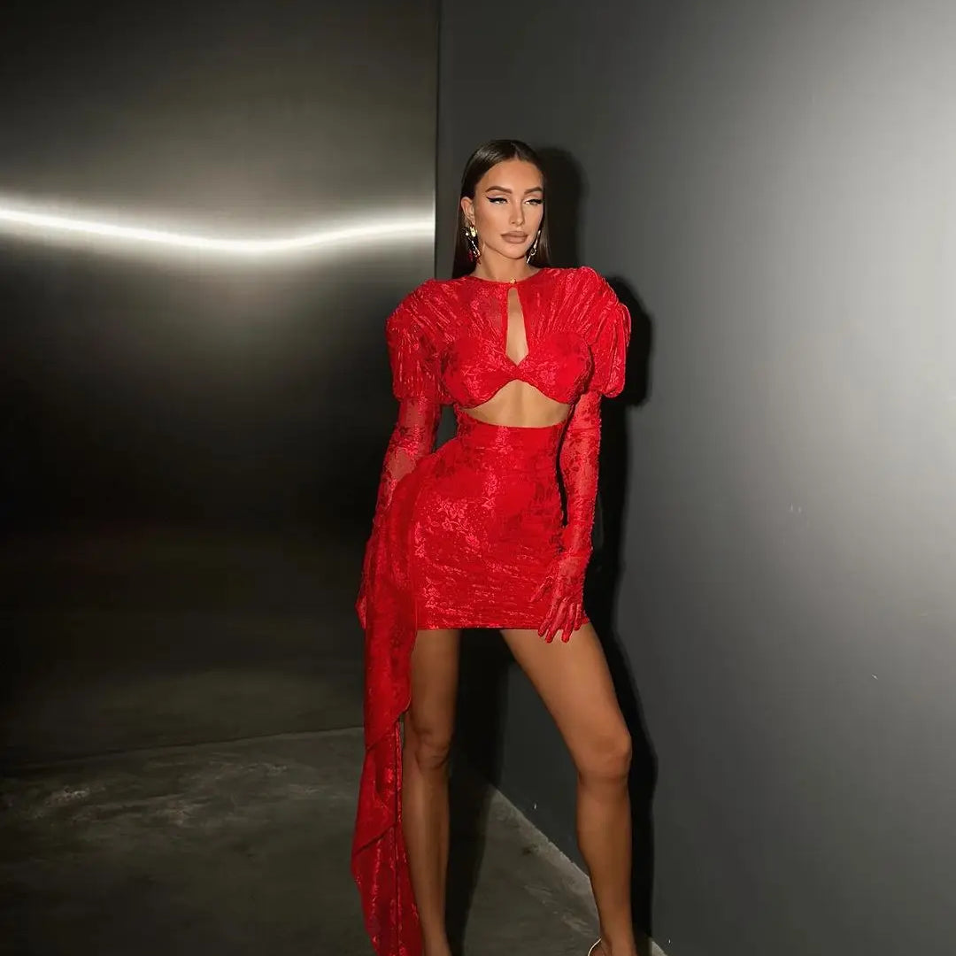 High Quality Red White Women Long Sleeve Sexy Lace Draped Bodycon Mini Dress Gloves Nightclub Party Celebrate Birthday Dress