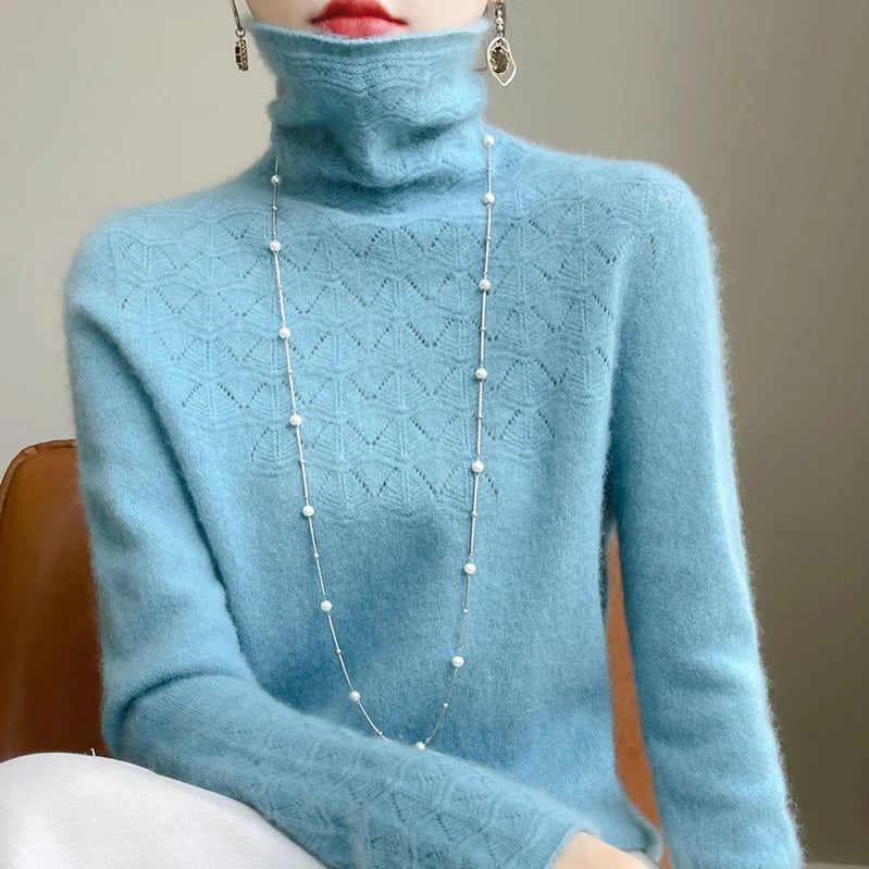 Fashion Cashmere Jumper 100% Merino Wool Pullover Winter High Neck Solid Long Sleeve Women's Seamless Hollow out Knitted Sweater Lake Blue