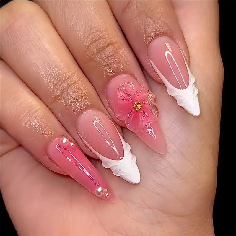 24pcs Gradient Pink Press on Nails Art Flower Rhinestone Design Long Almond Fake Nails Tips Detachable French False Nail Tips