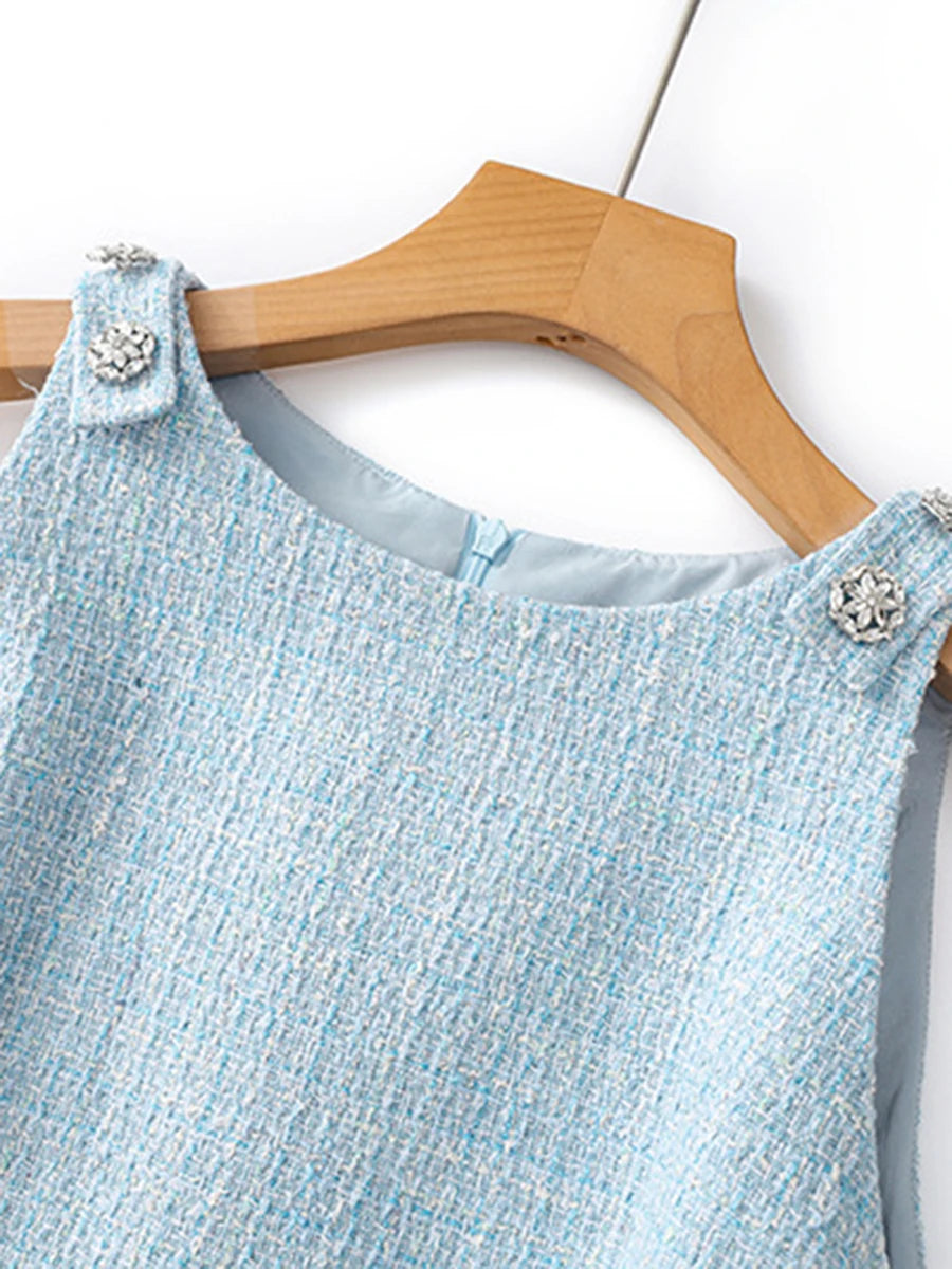 TWOTWINSTYLE Solid Slimming Spliced Button Dresses for Women Round Neck Sleevless Temperament Mini Dress Female Fashion Clothing