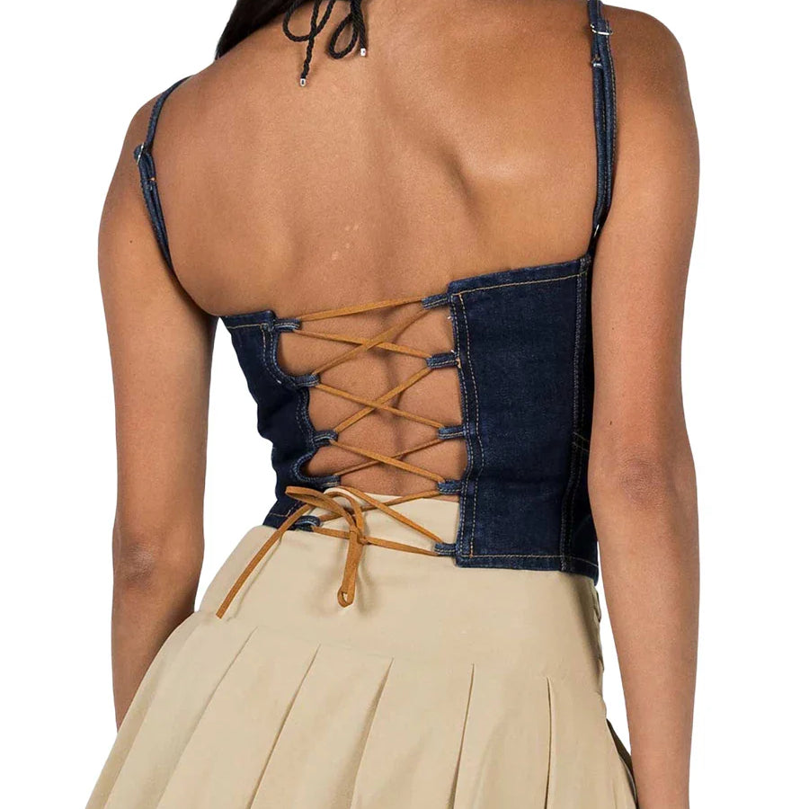 Women Denim Camisole, Spaghetti Straps Backless Lacing Slim Fit Summer Tops for Party Club