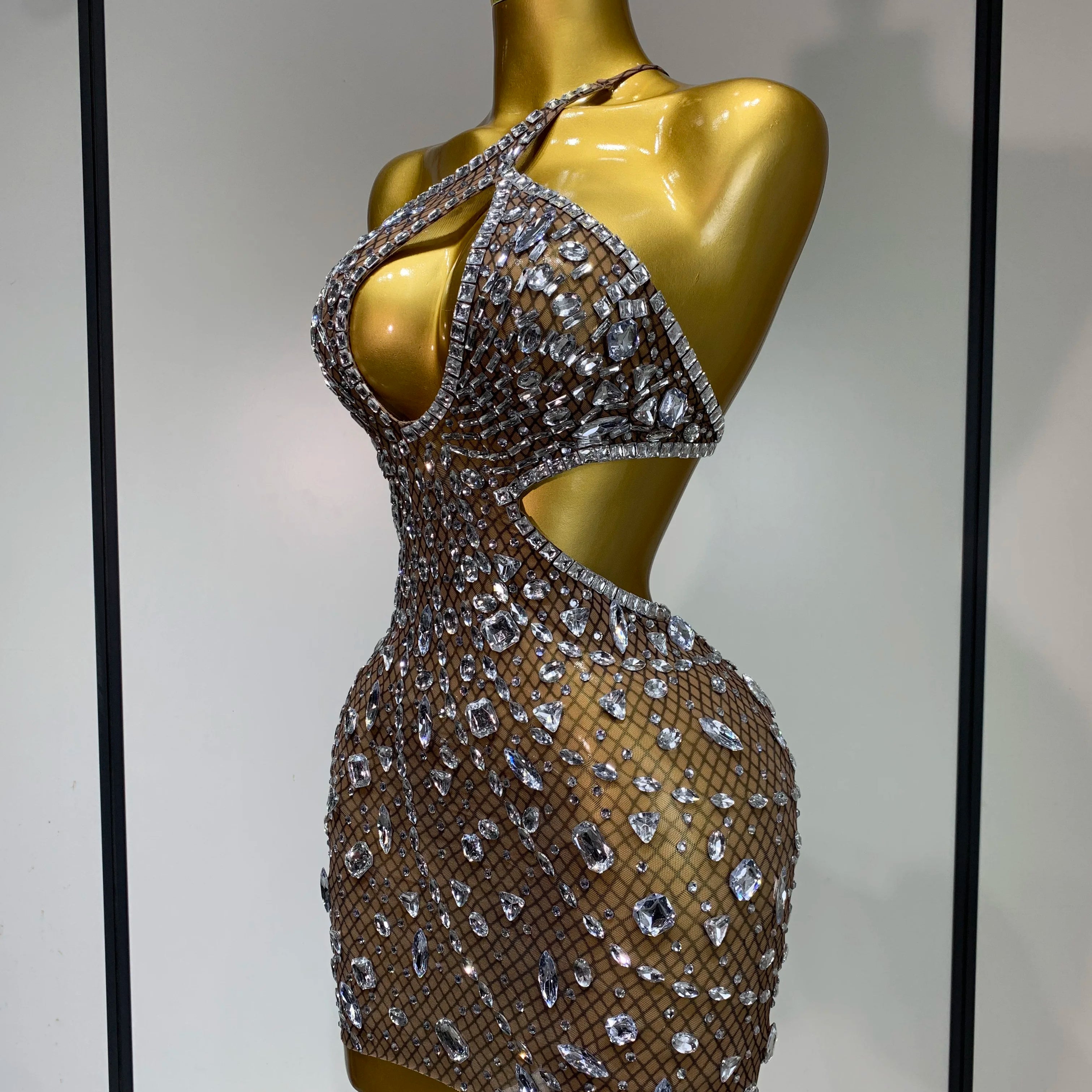 Sexy Sparkly Diamond Backless Short Dress 2025 Women Sleeveless Mesh See Through Evening Birthday Gown Singer Stage Outfit