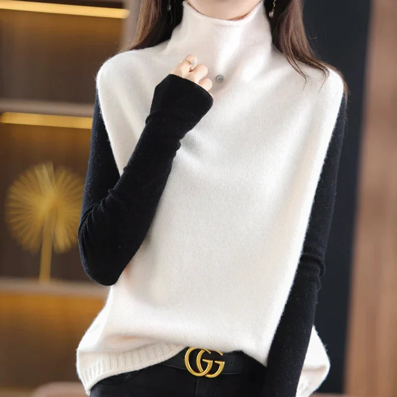 2023 100% Pure Wool Turtleneck Waistcoat Women's Knitted Vest New Autumn And Winter Sleeveless Top Sweater JQ137 creamy-white
