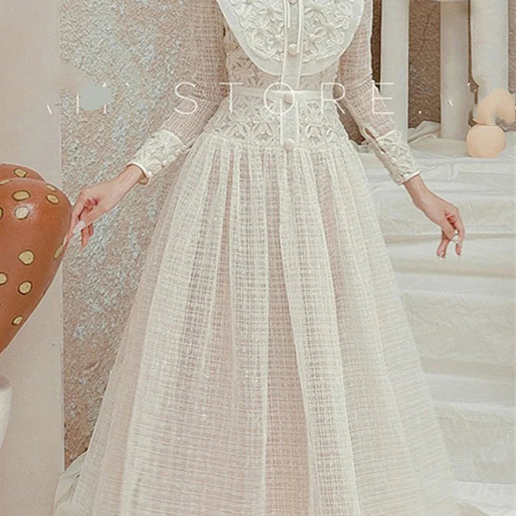 Autumn Spring Boho Elegant Party Luxury Dresses Women Dress Embroidery Lace Runway Vintage High Waist Long Sleeve Vestido