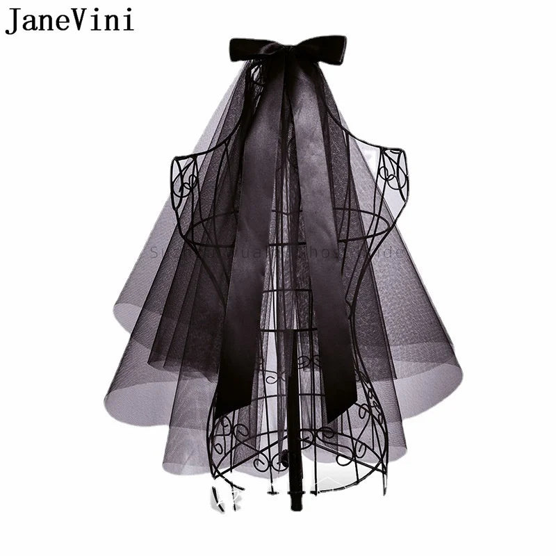 Gothic Black Wedding Veil with Comb Short 2 Layers Bow Tulle Bridal Veils Bride Veil for Bachelorette Party Accessories