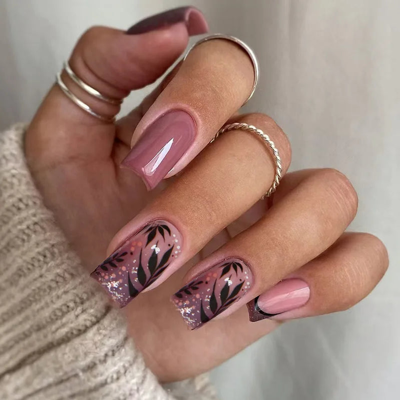 24pcs Wearable False Nails Press on Simple Flower Short Square Nails Tips Brown Full Cover Nail Sets Fake Nail Finished Manicure