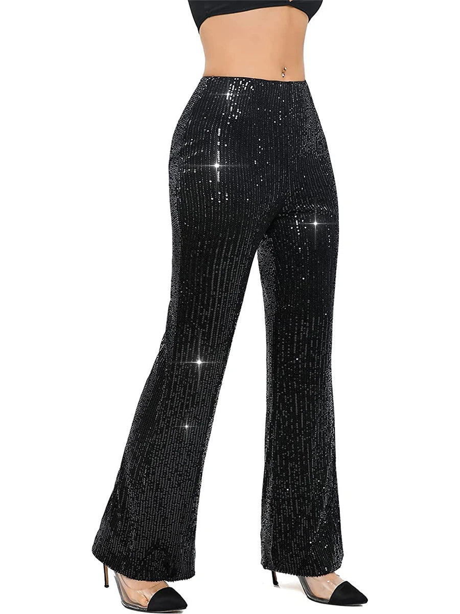 Women Glitter Sequin Wide Leg Pants High Waist Flared Bell-bottom Trousers Slim Fit Party Clubwear Shiny Sparkly Pants