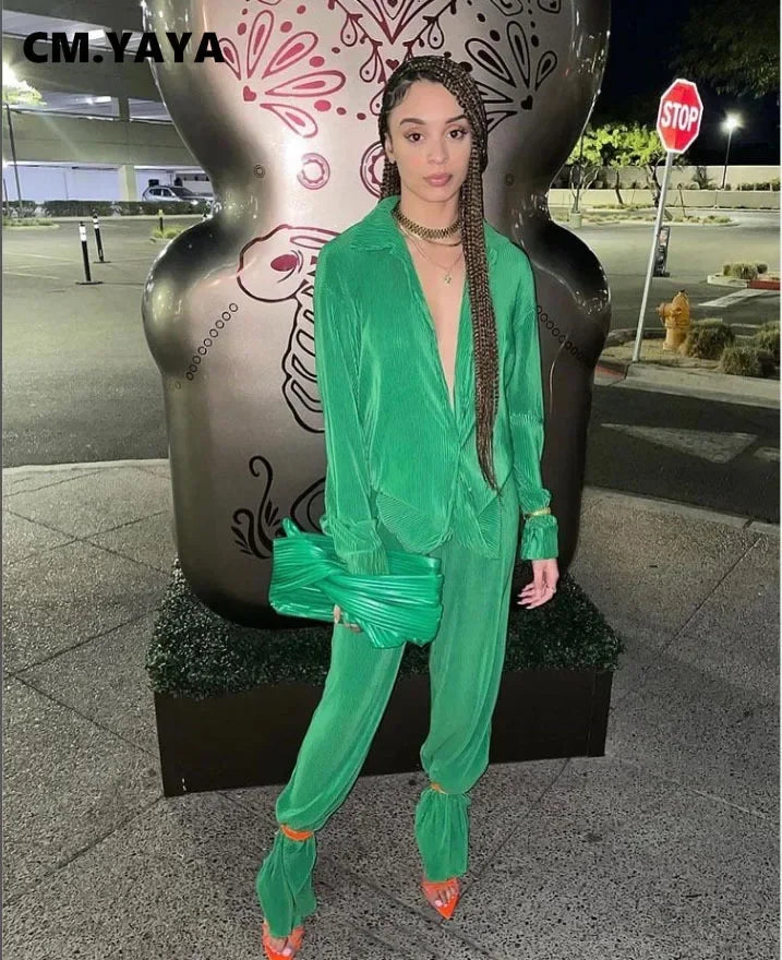 CM.YAYA Street Women's Set Long Sleeve Shirt Tops and Wide Leg Pants Elegant Tracksuit Two Piece Set Sweatsuit Fitness Outfits
